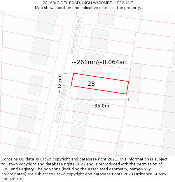 28, ARUNDEL ROAD, HIGH WYCOMBE, HP12 4NE: Plot and title map