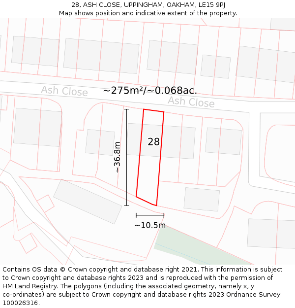 28, ASH CLOSE, UPPINGHAM, OAKHAM, LE15 9PJ: Plot and title map