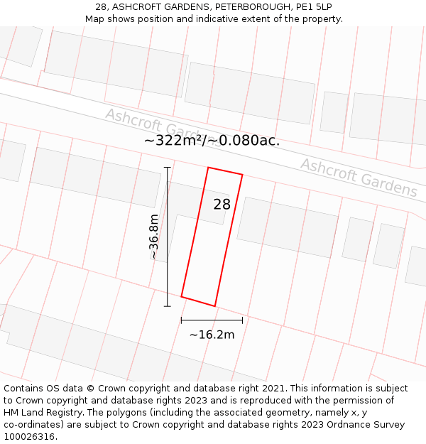 28, ASHCROFT GARDENS, PETERBOROUGH, PE1 5LP: Plot and title map