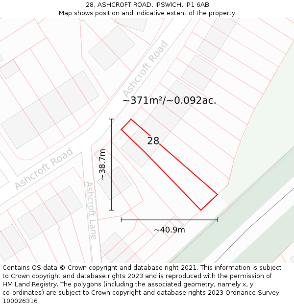 28, ASHCROFT ROAD, IPSWICH, IP1 6AB: Plot and title map