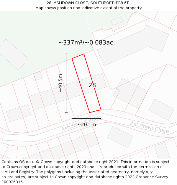 28, ASHDOWN CLOSE, SOUTHPORT, PR8 6TL: Plot and title map