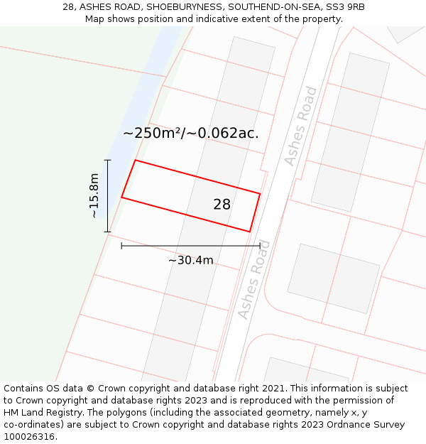 28, ASHES ROAD, SHOEBURYNESS, SOUTHEND-ON-SEA, SS3 9RB: Plot and title map