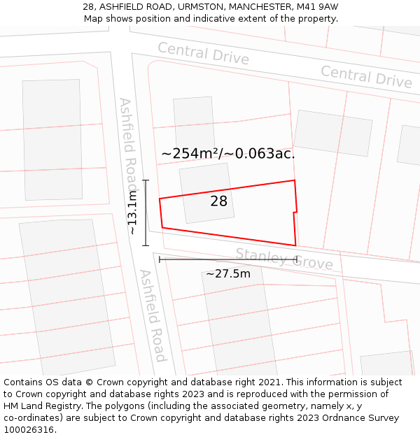 28, ASHFIELD ROAD, URMSTON, MANCHESTER, M41 9AW: Plot and title map