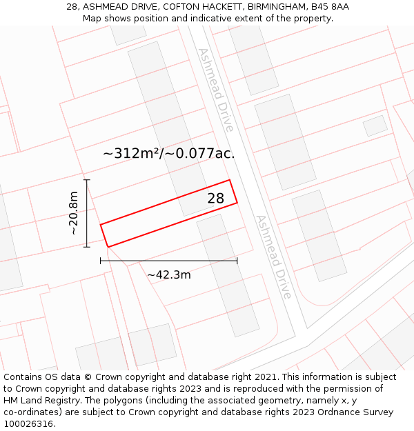 28, ASHMEAD DRIVE, COFTON HACKETT, BIRMINGHAM, B45 8AA: Plot and title map