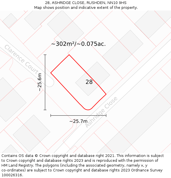 28, ASHRIDGE CLOSE, RUSHDEN, NN10 9HS: Plot and title map