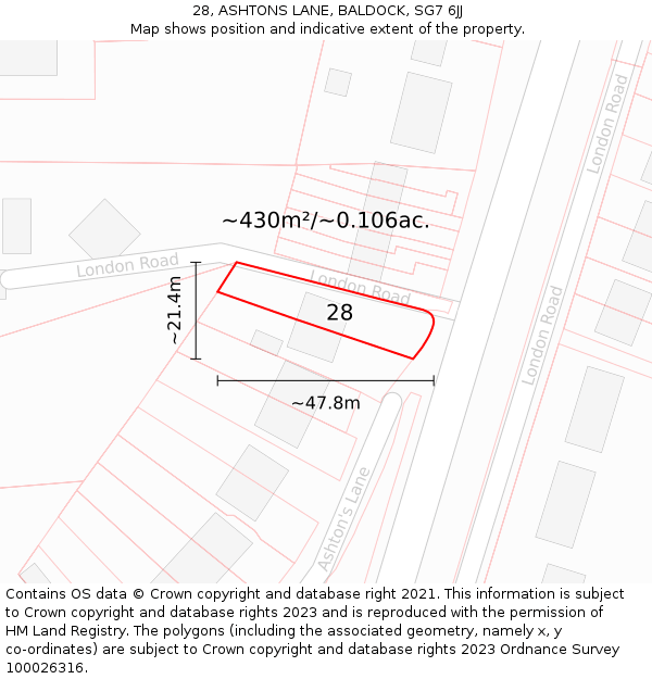 28, ASHTONS LANE, BALDOCK, SG7 6JJ: Plot and title map