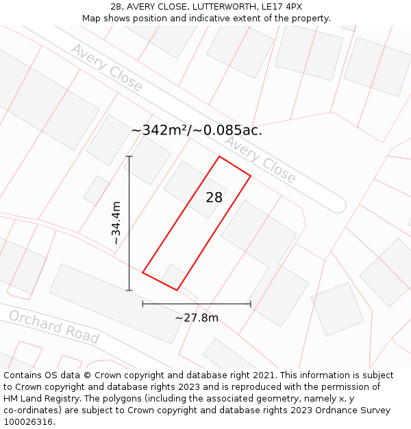 28, AVERY CLOSE, LUTTERWORTH, LE17 4PX: Plot and title map