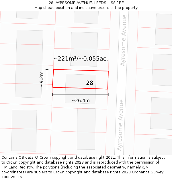 28, AYRESOME AVENUE, LEEDS, LS8 1BE: Plot and title map