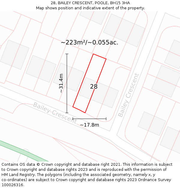 28, BAILEY CRESCENT, POOLE, BH15 3HA: Plot and title map