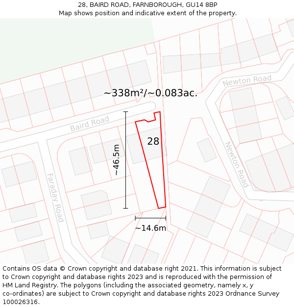 28, BAIRD ROAD, FARNBOROUGH, GU14 8BP: Plot and title map