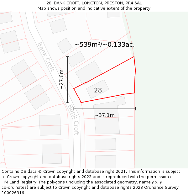 28, BANK CROFT, LONGTON, PRESTON, PR4 5AL: Plot and title map