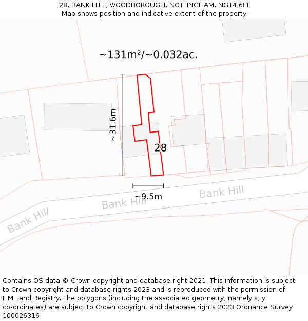 28, BANK HILL, WOODBOROUGH, NOTTINGHAM, NG14 6EF: Plot and title map