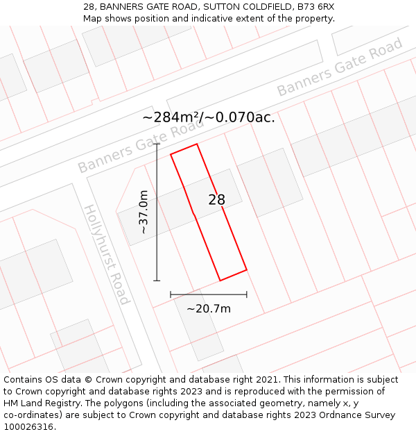 28, BANNERS GATE ROAD, SUTTON COLDFIELD, B73 6RX: Plot and title map