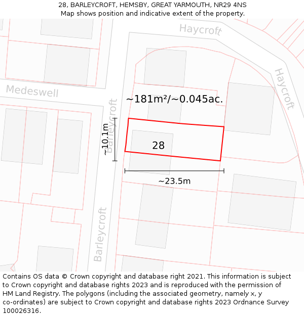 28, BARLEYCROFT, HEMSBY, GREAT YARMOUTH, NR29 4NS: Plot and title map