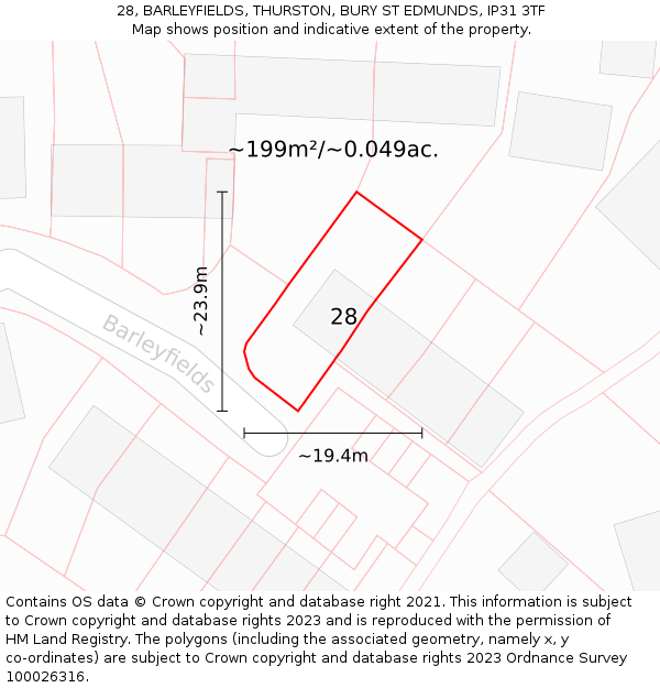 28, BARLEYFIELDS, THURSTON, BURY ST EDMUNDS, IP31 3TF: Plot and title map