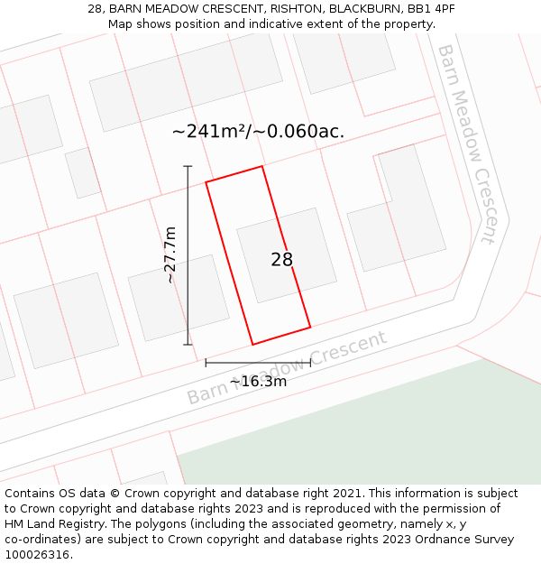28, BARN MEADOW CRESCENT, RISHTON, BLACKBURN, BB1 4PF: Plot and title map