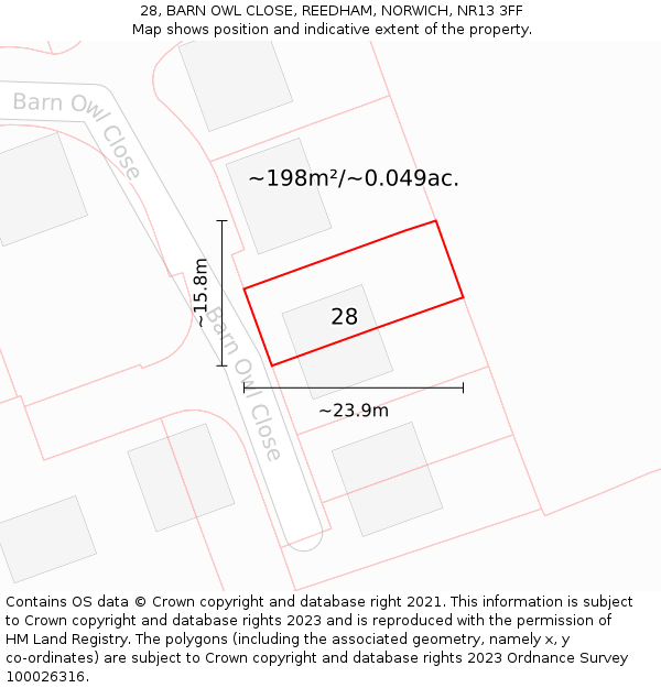 28, BARN OWL CLOSE, REEDHAM, NORWICH, NR13 3FF: Plot and title map