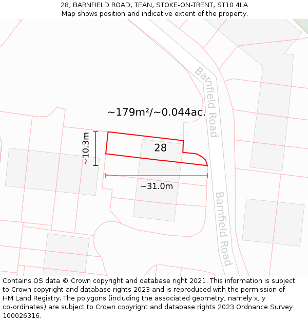 28, BARNFIELD ROAD, TEAN, STOKE-ON-TRENT, ST10 4LA: Plot and title map