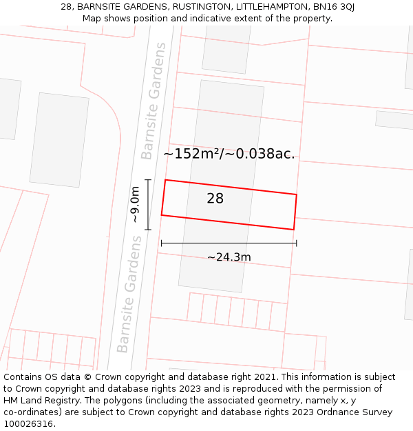 28, BARNSITE GARDENS, RUSTINGTON, LITTLEHAMPTON, BN16 3QJ: Plot and title map