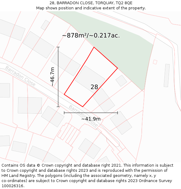 28, BARRADON CLOSE, TORQUAY, TQ2 8QE: Plot and title map