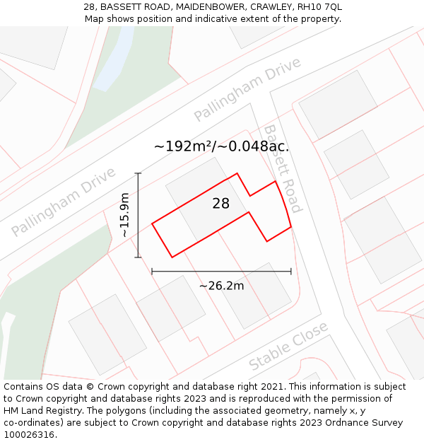 28, BASSETT ROAD, MAIDENBOWER, CRAWLEY, RH10 7QL: Plot and title map