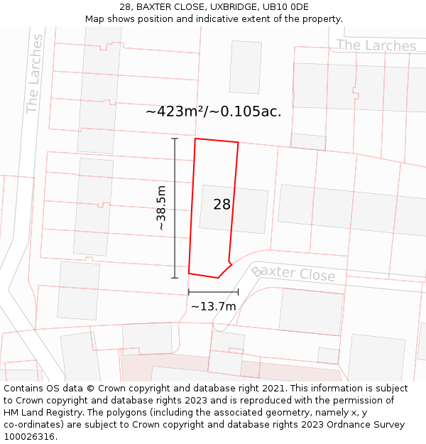 28, BAXTER CLOSE, UXBRIDGE, UB10 0DE: Plot and title map
