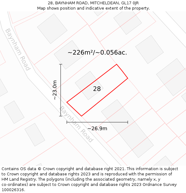 28, BAYNHAM ROAD, MITCHELDEAN, GL17 0JR: Plot and title map
