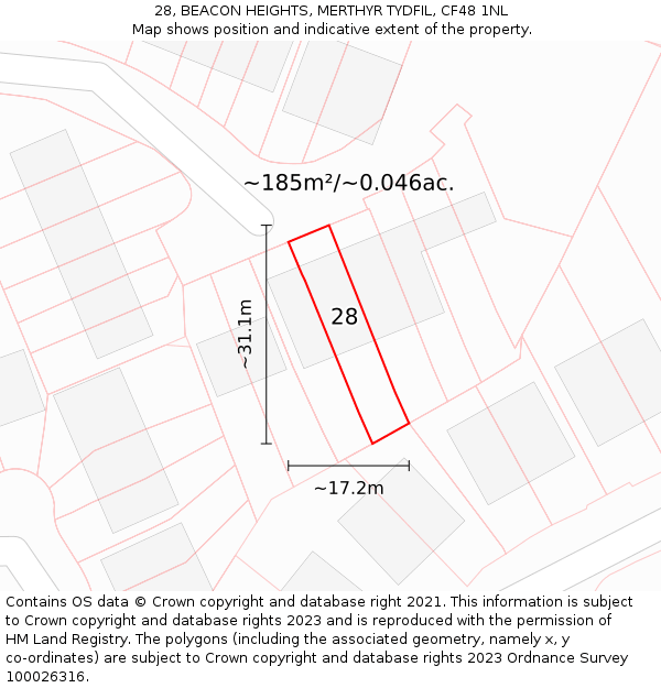 28, BEACON HEIGHTS, MERTHYR TYDFIL, CF48 1NL: Plot and title map