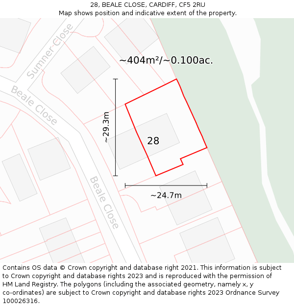 28, BEALE CLOSE, CARDIFF, CF5 2RU: Plot and title map