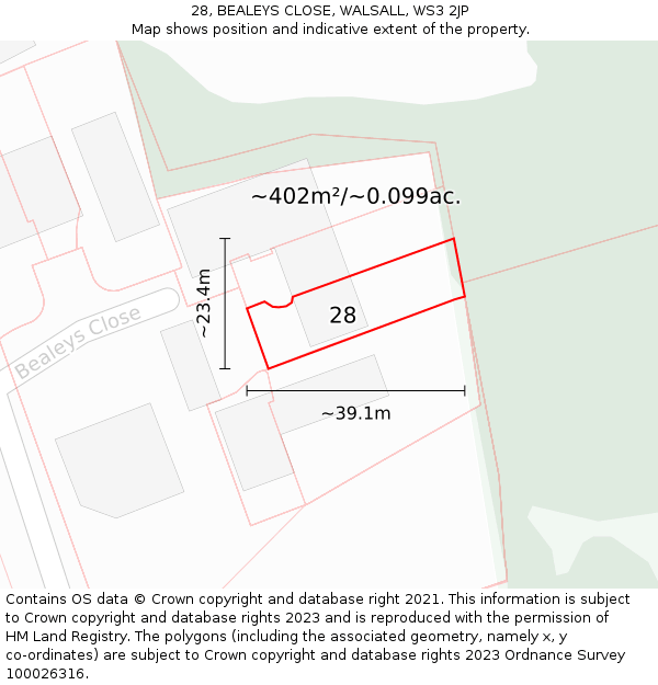 28, BEALEYS CLOSE, WALSALL, WS3 2JP: Plot and title map