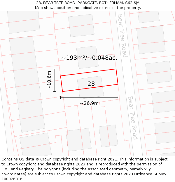 28, BEAR TREE ROAD, PARKGATE, ROTHERHAM, S62 6JA: Plot and title map