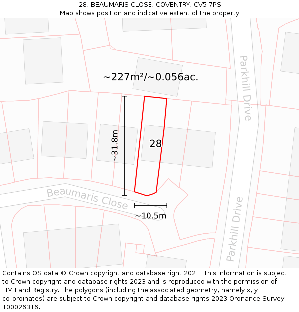 28, BEAUMARIS CLOSE, COVENTRY, CV5 7PS: Plot and title map