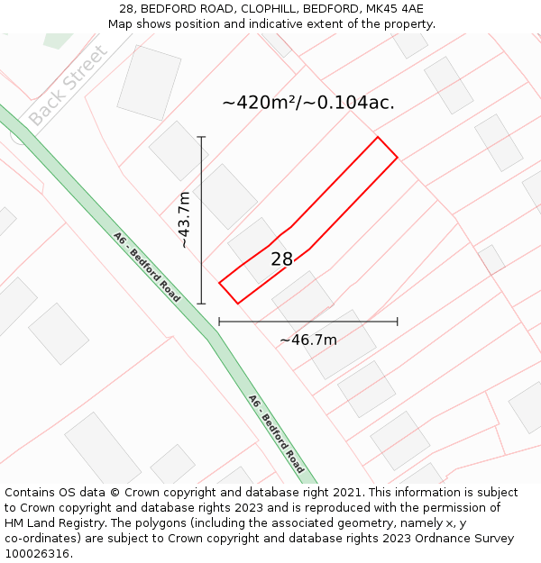28, BEDFORD ROAD, CLOPHILL, BEDFORD, MK45 4AE: Plot and title map