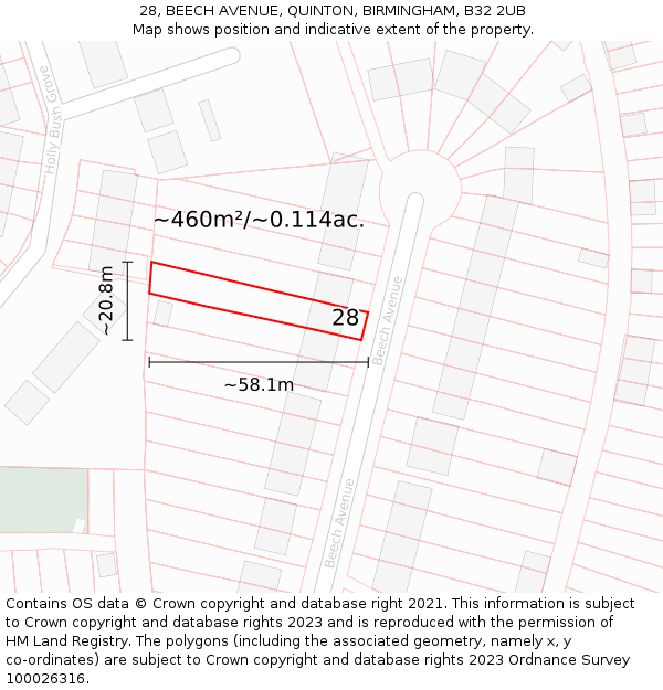 28, BEECH AVENUE, QUINTON, BIRMINGHAM, B32 2UB: Plot and title map