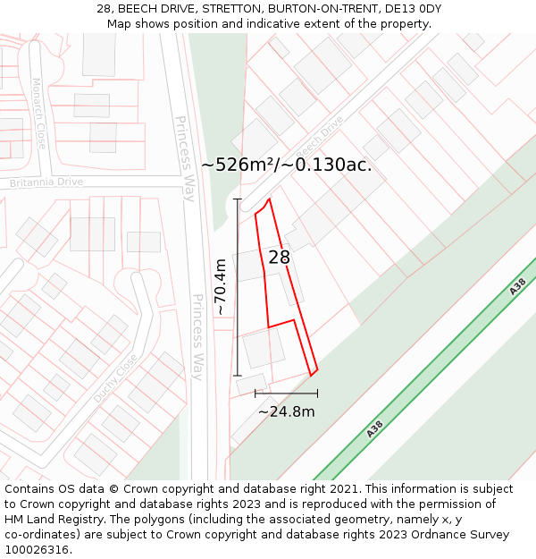 28, BEECH DRIVE, STRETTON, BURTON-ON-TRENT, DE13 0DY: Plot and title map