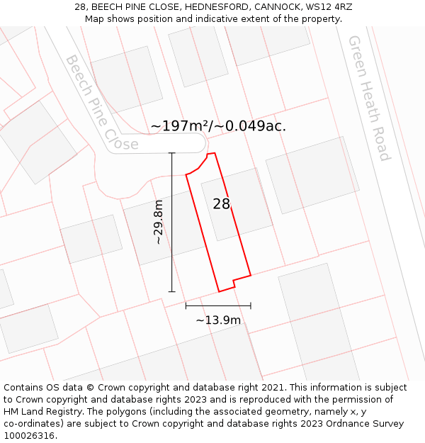 28, BEECH PINE CLOSE, HEDNESFORD, CANNOCK, WS12 4RZ: Plot and title map