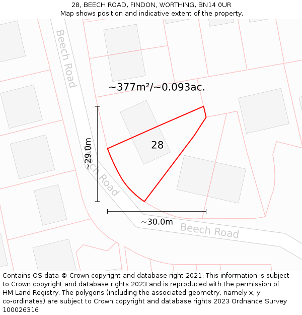 28, BEECH ROAD, FINDON, WORTHING, BN14 0UR: Plot and title map
