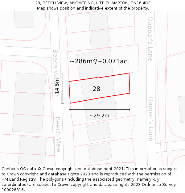 28, BEECH VIEW, ANGMERING, LITTLEHAMPTON, BN16 4DE: Plot and title map