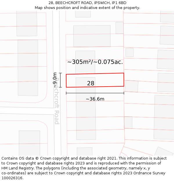28, BEECHCROFT ROAD, IPSWICH, IP1 6BD: Plot and title map
