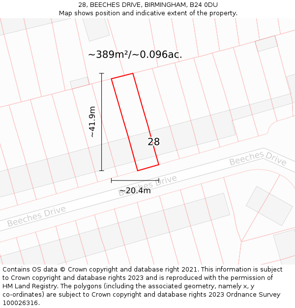 28, BEECHES DRIVE, BIRMINGHAM, B24 0DU: Plot and title map