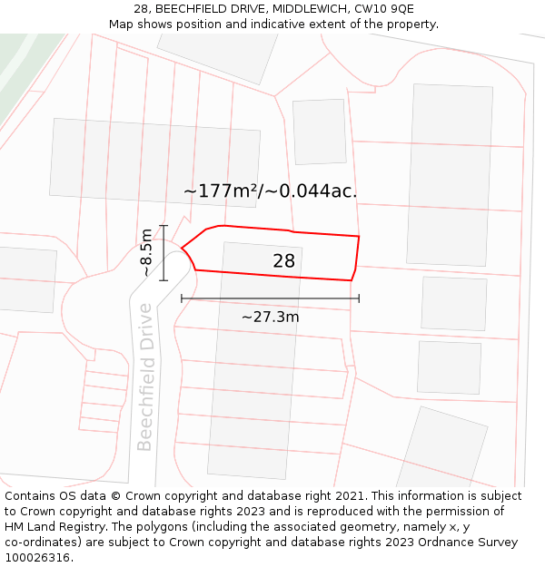 28, BEECHFIELD DRIVE, MIDDLEWICH, CW10 9QE: Plot and title map