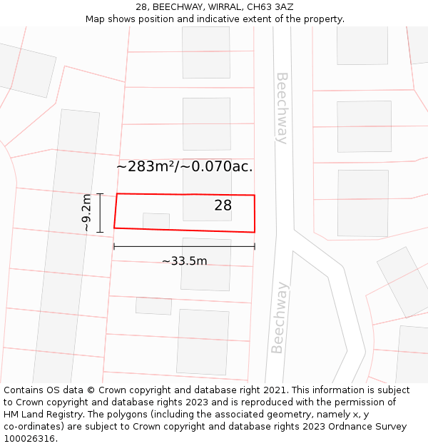 28, BEECHWAY, WIRRAL, CH63 3AZ: Plot and title map