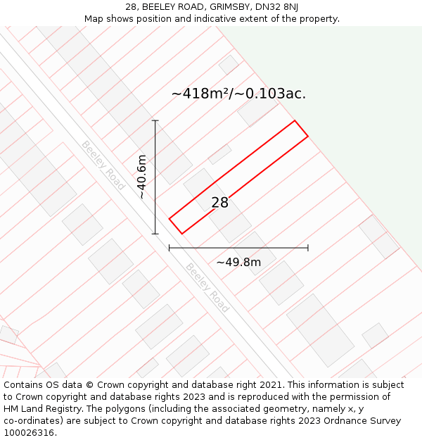 28, BEELEY ROAD, GRIMSBY, DN32 8NJ: Plot and title map