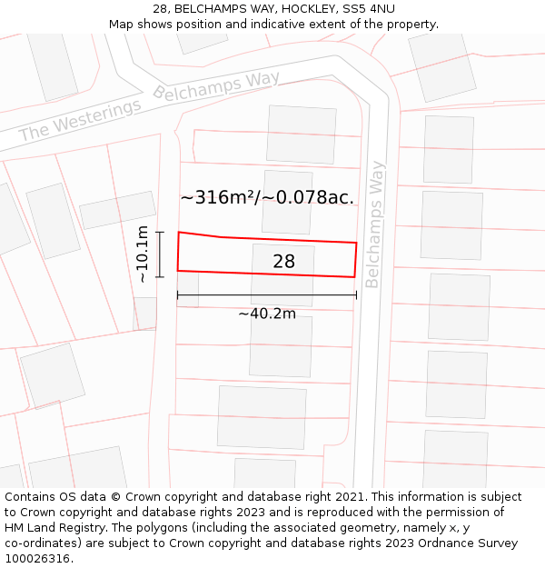 28, BELCHAMPS WAY, HOCKLEY, SS5 4NU: Plot and title map