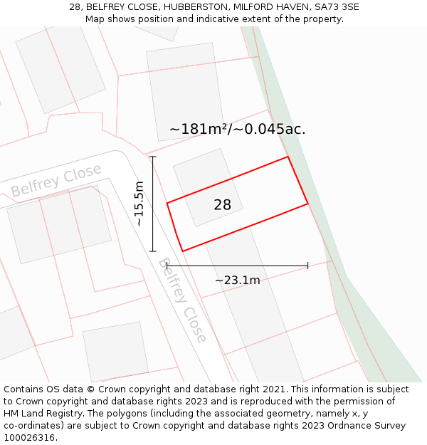 28, BELFREY CLOSE, HUBBERSTON, MILFORD HAVEN, SA73 3SE: Plot and title map