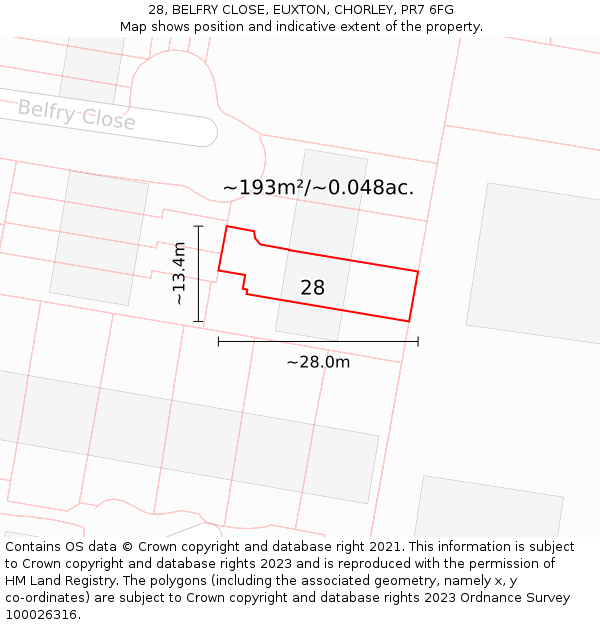 28, BELFRY CLOSE, EUXTON, CHORLEY, PR7 6FG: Plot and title map