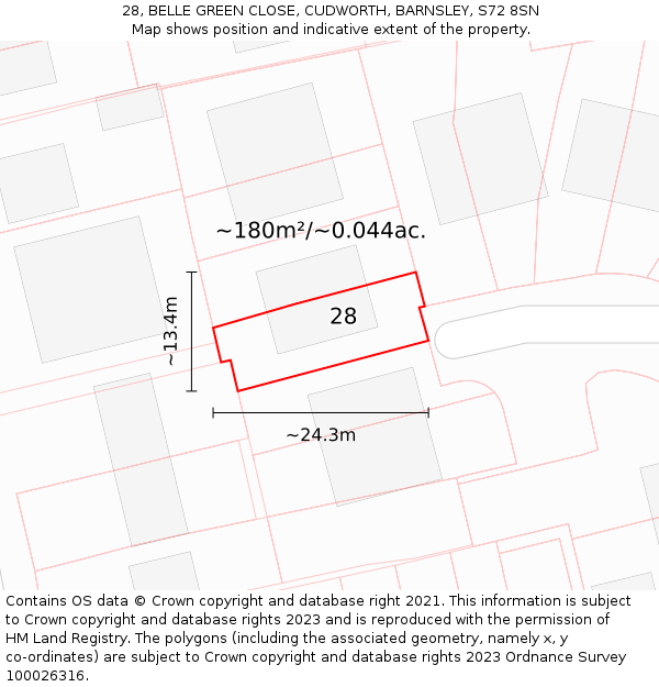 28, BELLE GREEN CLOSE, CUDWORTH, BARNSLEY, S72 8SN: Plot and title map