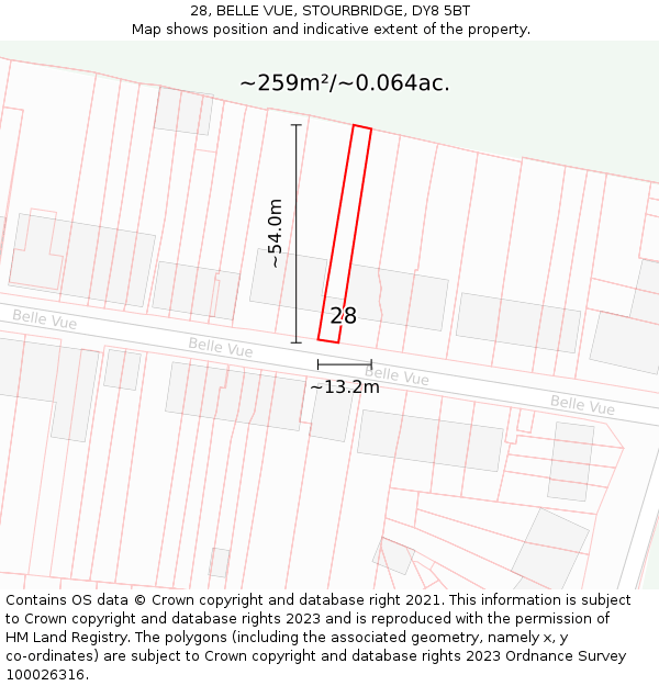 28, BELLE VUE, STOURBRIDGE, DY8 5BT: Plot and title map