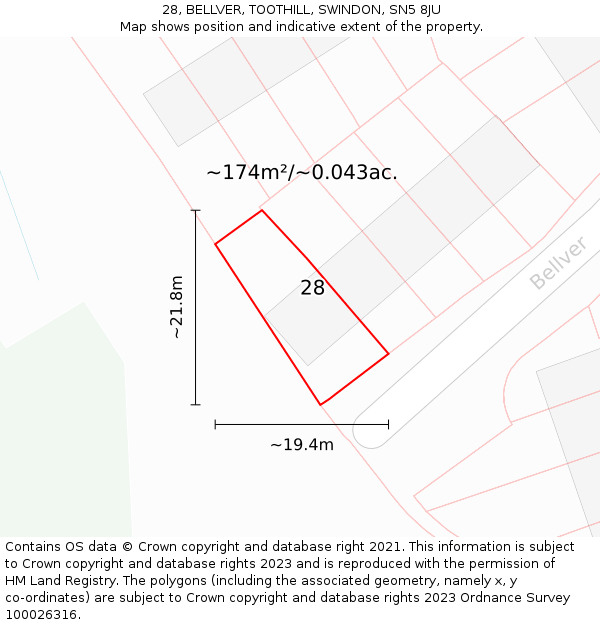 28, BELLVER, TOOTHILL, SWINDON, SN5 8JU: Plot and title map
