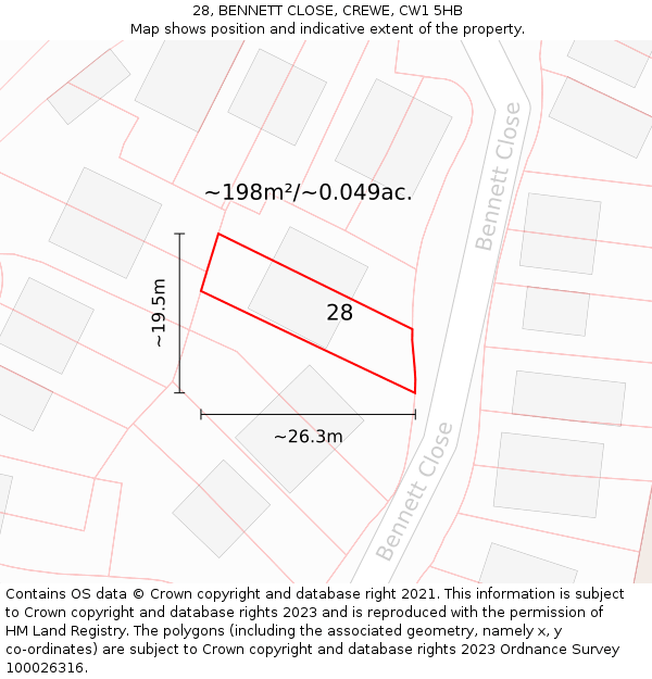 28, BENNETT CLOSE, CREWE, CW1 5HB: Plot and title map